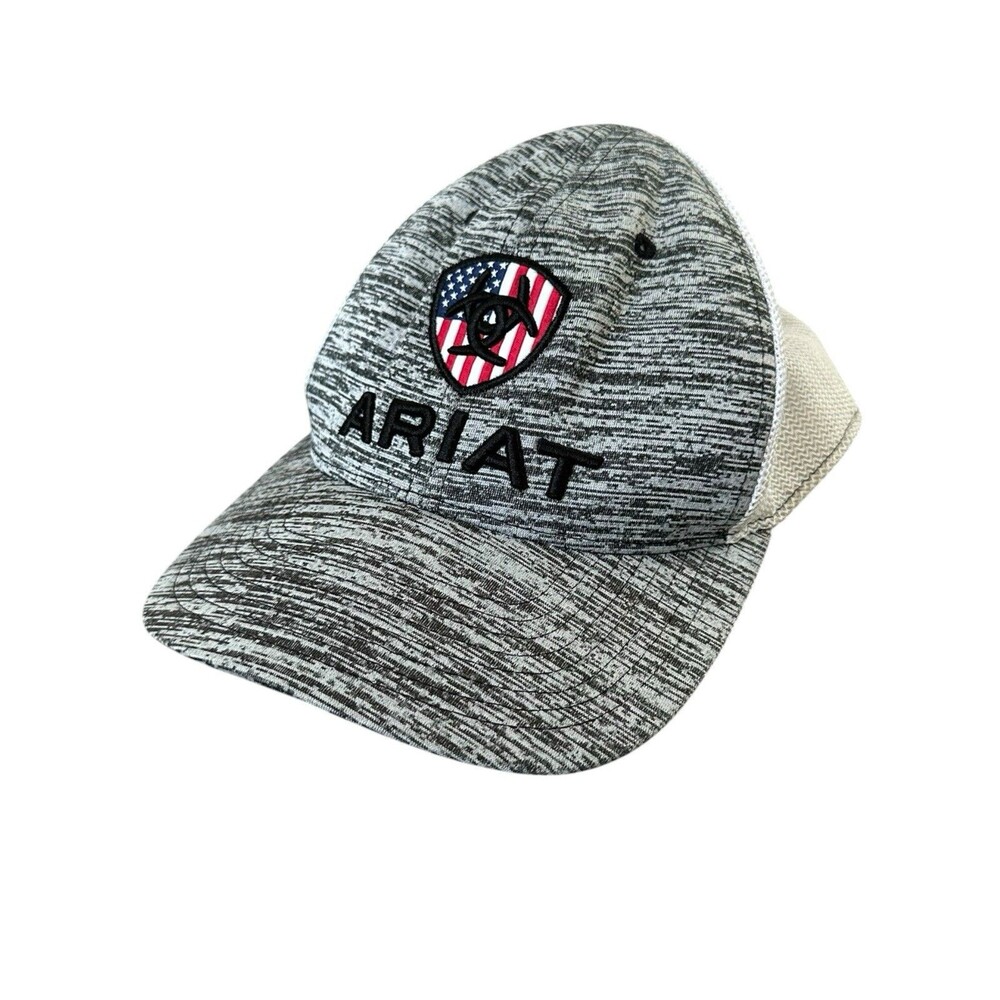 Ariat 110 Flexfit Tech Trucker Hat Grey Heather American Flag Shield Patch Cap